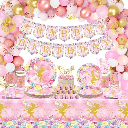 LSJDEER Feen-Geburtstagsparty-Dekoration – Feen-Partygeschenke, Teller, Tassen, Servietten, Tischdecken, Happy Birthday-Banner, Luftballons, Tortenbogen von LSJDEER