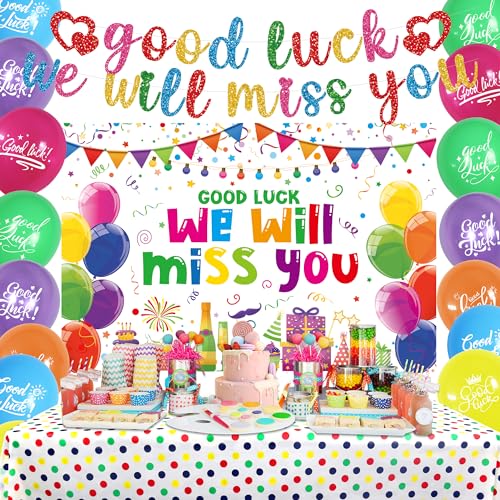 LSJDEER Mehrfarbiger Hintergrund mit Banner „Viel Glück, wir Werden Dich vermissen“ mit Luftballons und bunten Tischdecken für die Abschieds-, Abschluss- und Abschiedsfeier von LSJDEER