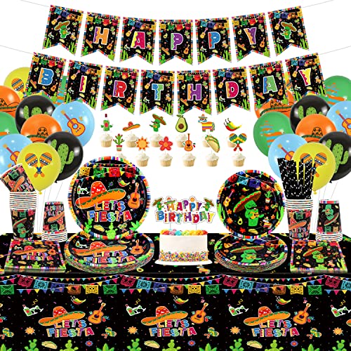 LSJDEER Mexikanische Partydekorationen – Fiesta-Partyzubehör, einschließlich Teller, HAPPY BIRTHDAY-Banner, Kuchenaufsatz-Ballon, Babyparty, Cinco de Mayo-Geburtstagsparty von LSJDEER