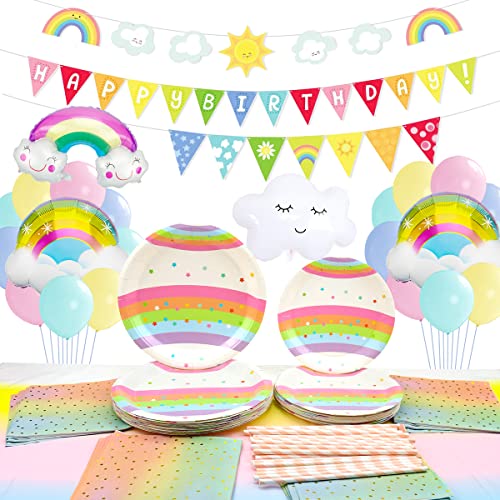 LSJDEER Regenbogenwolken-Partyzubehör Geschirr-Set – Teller, Servietten, Strohhalme, Banner, Tischdecke, Regenbogenwolken-Ballon, pastellfarbene Regenbogen-Geburtstagsgeschirr– für 20 Personen von LSJDEER