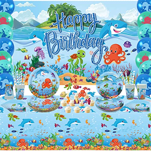 LSJDEER Under the Sea Partyzubehör – Teller, Tassen, Servietten, Tischdecke, Luftballons, Kuchendekoration für Unterwasserwelt-Geburtstagsparty-Dekorationen, für 20 Personen LSJDEER Under the Sea Partyzubehör – Teller, Tassen, Servietten, Tischdecke, Luftballons, Kuchendekoration für Unterwasserwelt-Geburtstagsparty-Dekorationen, für 20 Personen von LSJDEER