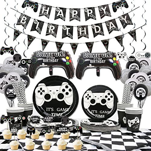 LSJDEER Videospiel-Partyzubehör – Spielteller, Pappbecher, Servietten, Tortenaufsätze, Strohhalme, Tischdecke, Banner, Wirbel zum Aufhängen, Dekorationsset – für 20 Personen LSJDEER Videospiel-Partyzubehör – Spielteller, Pappbecher, Servietten, Tortenaufsätze, Strohhalme, Tischdecke, Banner, Wirbel zum Aufhängen, Dekorationsset – für 20 Personen von LSJDEER
