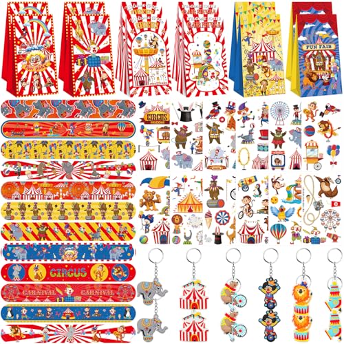 LSJDEER Zirkus-Partygeschenktüten, 12 Slap Armbänder, 12 Karnevalspartytüten, 12 Tattoo-Aufkleber, 12 Karnevals-Schlüsselanhänger für Zirkus-Motto-Geburtstagsparty-Zubehör LSJDEER Zirkus-Partygeschenktüten, 12 Slap Armbänder, 12 Karnevalspartytüten, 12 Tattoo-Aufkleber, 12 Karnevals-Schlüsselanhänger für Zirkus-Motto-Geburtstagsparty-Zubehör von LSJDEER