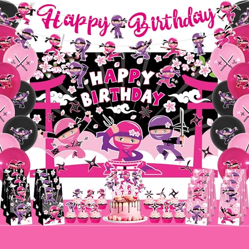 Ninja Girl Birthday Party Dekorationen Rosa Happy Birthday Banner Hintergrund 18 Luftballons 12 Cupcake Topper 12 Goodie Bags Ninja Tischdecke für Ninja Master Girls Princess 1st Baby Shower Party von LSJDEER