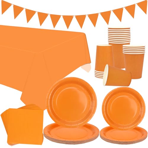 Orange Party Geschirr Supplies - Serves 20, Orange Pastell Party Dekoration Geschirr beinhaltet Teller, Becher, Servietten, Banner, Tischdecke für Abschlussfeier, Hochzeit, Geburtstagsfeier (Orange + von LSJDEER
