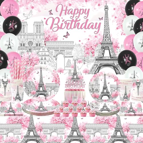 Paris Geburtstag Party Dekorationen, Eiffelturm Party Dekoration, Teller Tassen Servietten Tischdecke Happy Birthday Hintergrund Ballon Kuchen Toppers für Paris Motto Party Dekorationen, Serves 20 Paris Geburtstag Party Dekorationen, Eiffelturm Party Dekoration, Teller Tassen Servietten Tischdecke Happy Birthday Hintergrund Ballon Kuchen Toppers für Paris Motto Party Dekorationen, Serves 20 von LSJDEER