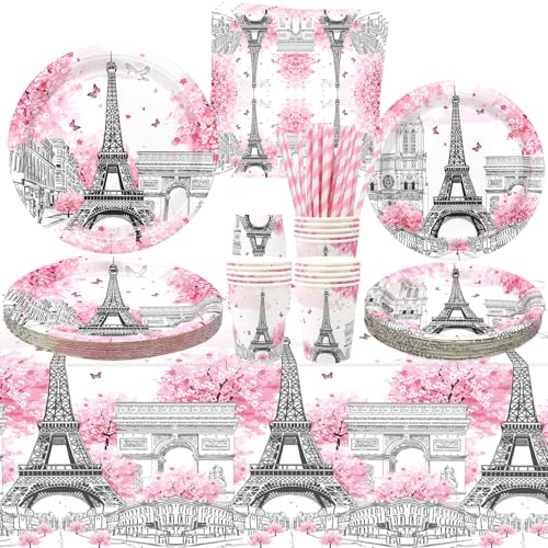 Paris Party Supplies - Eiffelturm Partygeschirr - Speiseteller, Desserts, Teller, Becher, Servietten, Tischdecke, Strohhalme für Paris, Geburtstagsparty, Dekorationen, Babyparty, 20 Stück Paris Party Supplies - Eiffelturm Partygeschirr - Speiseteller, Desserts, Teller, Becher, Servietten, Tischdecke, Strohhalme für Paris, Geburtstagsparty, Dekorationen, Babyparty, 20 Stück von LSJDEER