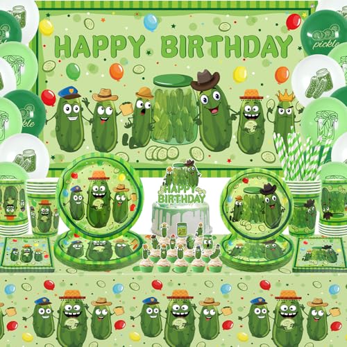 Pickle Birthday Decorations - Pickle Party Tableware, Plates Cups Napkins Pickle Party Tablecloth Happy Birthday Backdrop Balloons Cake Toppers for Pickle Birthday Supplie von LSJDEER
