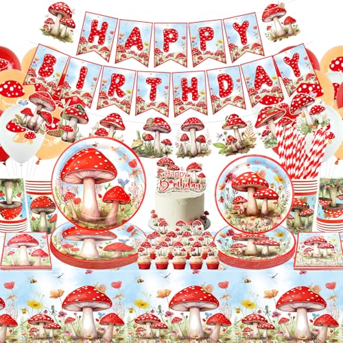 Pilz Geburtstag Dekorationen, Pilz Party Dekoration, Teller Tassen Servietten Tischdecke Happy Birthday Banner Ballon Kuchen Toppers für Pilz Motto Party Supplies, Serves 20 Pilz Geburtstag Dekorationen, Pilz Party Dekoration, Teller Tassen Servietten Tischdecke Happy Birthday Banner Ballon Kuchen Toppers für Pilz Motto Party Supplies, Serves 20 von LSJDEER
