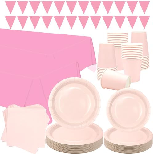 Pink Party Tableware Supplies – Für 40 Stück, rosa Pastell-Party-Dekoration, Geschirr, Teller, Tassen, Servietten, Banner, Tischdecke für Hochzeit, Geburtstag, Babyparty, Dekorationen (Rosa, 40) von LSJDEER