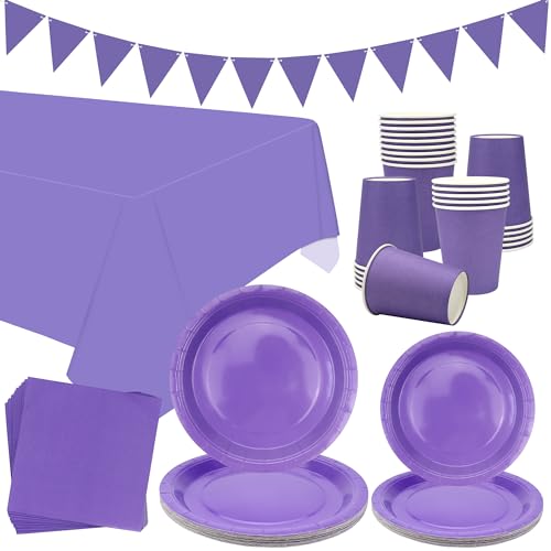 Purple Party Tableware Supplies – Dient 20 Stück, lila Pastell-Party-Dekoration, Geschirr enthält Teller, Tassen, Servietten, Banner, Tischdecke für Hochzeit, Geburtstag, Babyparty, Lila, 20 Stück von LSJDEER