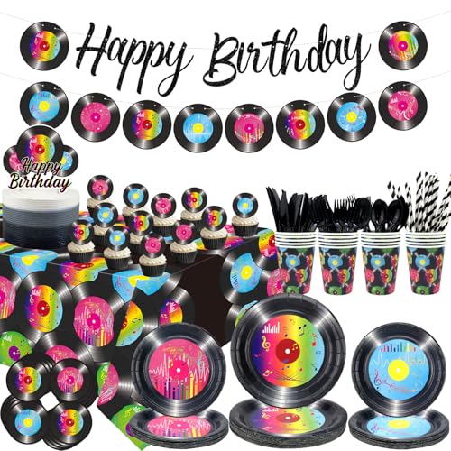 Record Birthday Party Dekoration, Schallplatten-Partyzubehör, Teller, Becher, Servietten, Schallplatten-Tischdecke, Happy Birthday-Banner, Luftballons, Kuchenaufsätze für 1950er Rockmusik-Partyzubehör Record Birthday Party Dekoration, Schallplatten-Partyzubehör, Teller, Becher, Servietten, Schallplatten-Tischdecke, Happy Birthday-Banner, Luftballons, Kuchenaufsätze für 1950er Rockmusik-Partyzubehör von LSJDEER