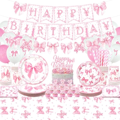 Rosa Schleife Geburtstag Dekorationen - Schleife Party Geschirr, Teller Tassen Servietten Bogen Party Tischdecke Happy Birthday Banner Luftballons Kuchen Topper für Kokette Geburtstag Dekorationen Rosa Schleife Geburtstag Dekorationen - Schleife Party Geschirr, Teller Tassen Servietten Bogen Party Tischdecke Happy Birthday Banner Luftballons Kuchen Topper für Kokette Geburtstag Dekorationen von LSJDEER