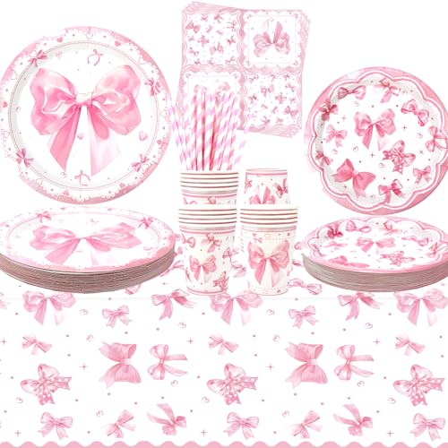 LSJDEER Rosa Schleife Party Dekorationen - Speiseteller, Dessertteller, Becher, Servietten, Strohhalme, 2x Tischdecke für Prinzessinnen-Geburtstag, Serviert 40 (40) von LSJDEER