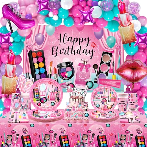 Spa-Geburtstagsparty-Dekoration – Make-up-Partygeschenke, Teller, Becher, Servietten, Tischdecke, Happy Birthday, Hintergrund, Luftballons, Bogen-Kuchenaufsätze für Mädchen und Frauen, Schlummer, von LSJDEER