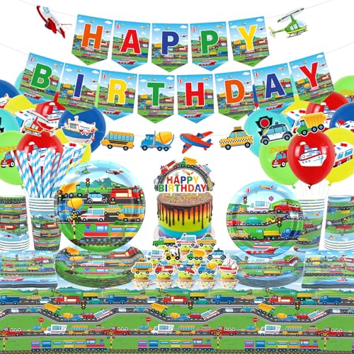 Transport Geburtstag Party Dekorationen - Transport Party Supplies, Teller Becher Servietten Tischdecke Happy Birthday Banner Ballon Kuchen Topper für LKW Autos Baubedarf Transport Geburtstag Party Dekorationen - Transport Party Supplies, Teller Becher Servietten Tischdecke Happy Birthday Banner Ballon Kuchen Topper für LKW Autos Baubedarf von LSJDEER