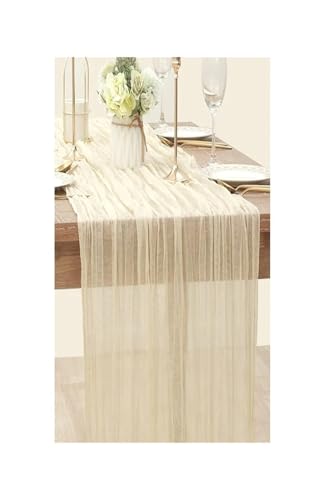 LSNNMU Gaze Tischläufer 4 Stück Gaze-Tischdecke, Strickstoff, Tischläufer, Hochzeit, Geburtstag, Party, Bankett, Dekoration, Gaze-Stoff, Voile-Tischdecke, Twist-Tischdecke(Beige,90X300CM) von LSNNMU
