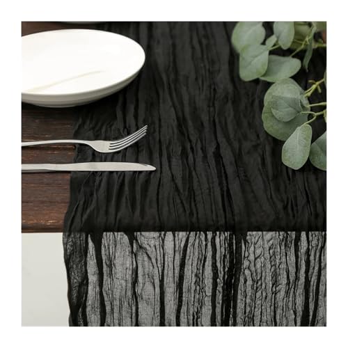 LSNNMU Gaze Tischläufer 4 Stück Gaze-Tischdecke, Strickstoff, Tischläufer, Hochzeit, Geburtstag, Party, Bankett, Dekoration, Gaze-Stoff, Voile-Tischdecke, Twist-Tischdecke(Black,90X300CM) von LSNNMU