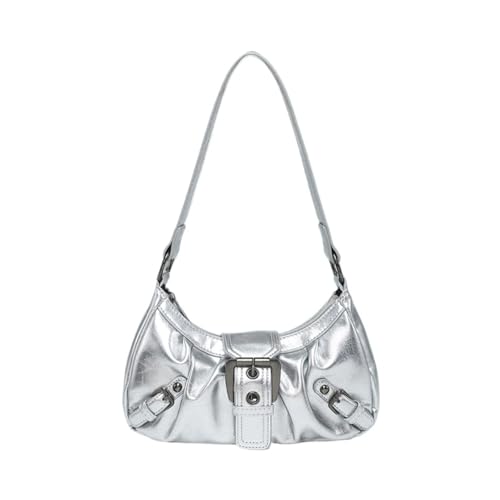 LSNNMU Halbmond-Tasche für Frauen Frauen Umhängetasche PU Leder Halbmond Tasche Plissee Unterarm Geldbörse Magnetverschluss Zipper Clutch Geldbörse Reise Pendler Tasche(Silver) von LSNNMU