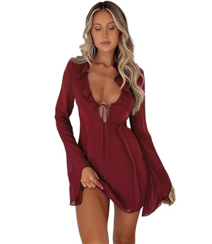LSNNMU Strandkleider Sommer-Strandkleid aus Netzstoff, langärmelig, Verbandkleid mit V-Ausschnitt, sexy, figurbetonte Kleider for Party, Strand, Abend-Outfit(Wine red,S) von LSNNMU