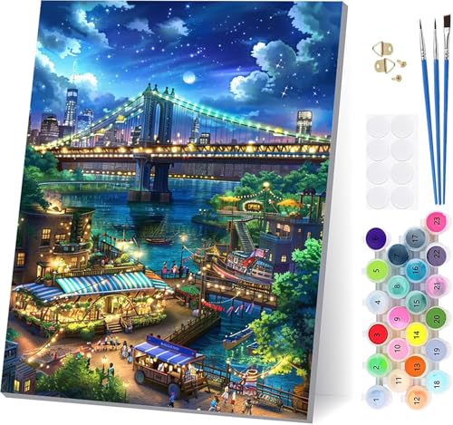 Malen Nach Zahlen Erwachsene Brooklyn Bridge, Malen Nach Zahlen Stadt, DIY Set Erwachsene Mit 3 Pinseln und Acrylfarbe Knitterfreie Leinwand, Paint by Numbers für Deko Wohnzimmer 60x80cm 5-1231 von LSPKKYOU