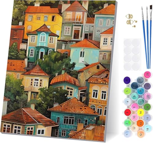 Malen Nach Zahlen Erwachsene HäUser, Malen Nach Zahlen Baum, DIY Set Erwachsene Mit 3 Pinseln und Acrylfarbe Knitterfreie Leinwand, Paint by Numbers für Deko Wohnzimmer und Wanddeko 40x50cm 5-2465 von LSPKKYOU