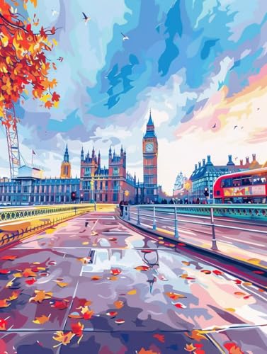 Malen Nach Zahlen Erwachsene London Malen Nach Zahlen, Paint by Numbers Adult Stadt, DIY Set Erwachsene Handgemalt Ölgemälde mit Pinseln und Acrylfarben, für Deko Wohnzimmer Geschenke 60x70 cm W-2712 von LSPKKYOU