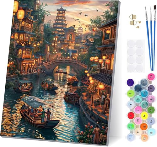 Malen Nach Zahlen Erwachsene Stadt, Malen Nach Zahlen Rivers, DIY Set Erwachsene Mit 3 Pinseln und Acrylfarbe Knitterfreie Leinwand, Paint by Numbers für Deko Wohnzimmer und Wanddeko 40x50cm V-1431 von LSPKKYOU