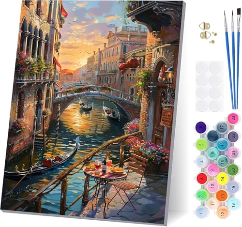 Malen Nach Zahlen Erwachsene Venedig, Malen Nach Zahlen Stadt, DIY Set Erwachsene Mit 3 Pinseln und Acrylfarbe Knitterfreie Leinwand, Paint by Numbers für Deko Wohnzimmer und Wanddeko 70x95cm 8-8294 von LSPKKYOU