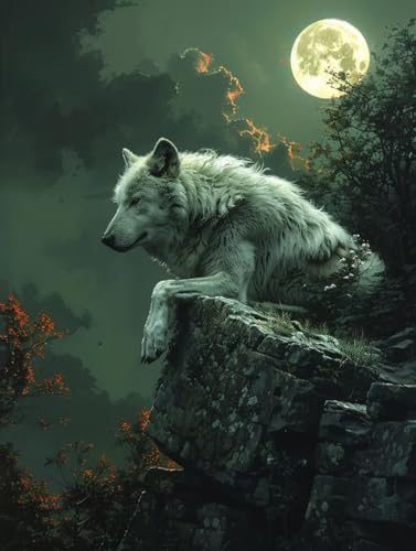 Malen Nach Zahlen Erwachsene Wolf, Malen Nach Zahlen Mond, Paint by Numbers DIY Handgemalt Ölgemälde Kit Mit 3 Pinsel und Acrylfarbe, Deko Wohnzimmer und Zimmer Deko, Geschenke 60x70 cm 9-7079 von LSPKKYOU