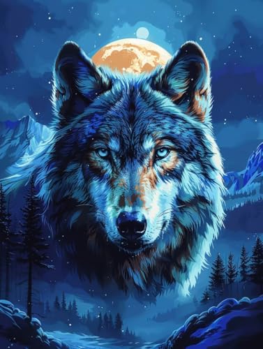 Malen Nach Zahlen Erwachsene Wolf, Malen Nach Zahlen Mond, Paint by Numbers DIY Handgemalt Ölgemälde Kit Mit 3 Pinsel und Acrylfarbe, Deko Wohnzimmer und Zimmer Deko, Geschenke 80x110 cm 4-7269 von LSPKKYOU