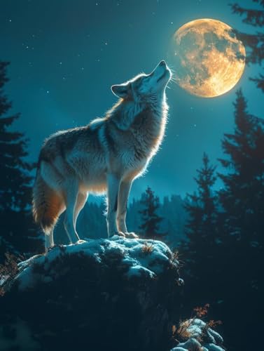 Malen Nach Zahlen Erwachsene Wolf, Malen Nach Zahlen Mond, Paint by Numbers DIY Handgemalt Ölgemälde Kit Mit 3 Pinsel und Acrylfarbe, Deko Wohnzimmer und Zimmer Deko, Geschenke 80x110 cm 9-7502 von LSPKKYOU