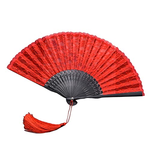 Handfächer, chinesische Fächer, faltbarer chinesischer orientalischer Vintage-Retro-Spitzenfächer mit Quasten – for Hochzeit, Dekoration, Tanz, Aufführung, Party, Geschenk (Größe: Rot) ( Size : Rosso von LSSEDA
