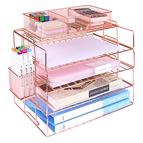 Briefablage, 4 Ebenen, Schreibtisch-Dokumenten-Organizer, Papier-Organizer mit Stifthalter, niedliches 3 Fächer-Netz-Aufbewahrungsfach, Heimbürobedarf – Roségold von LSTRULST