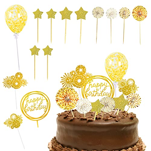 14 Stück Geburtstagstortenaufsätze, Konfetti-Luftballons, Papierfächer, Happy Birthday Dekorationen, Acryl-Einsätze, Feuerwerk, Gold-Motto-Geburtstagsparty, Jahrestag, Kuchendekoration. (Gold) von LSYYSL