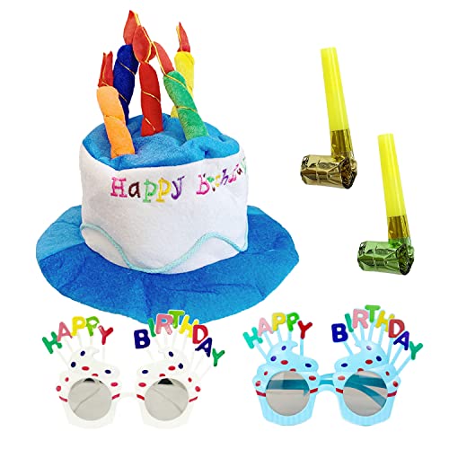 LSYYSL 1 Stück Happy Birthday-Plüschmütze, Kuchen-Plüschmütze mit mehrfarbigen Kerzen, Geburtstagsparty-Anziehshow-Requisiten, kommt mit 2 Stück Geburtstagsgläsern und 2 Stück Partygebläse. von LSYYSL