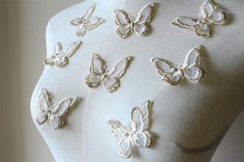 10 x doppellagige Schmetterlings-Aufnäher, Schmetterlings-Applikation, Organza-Stickerei, Nähen für Bastelprojekte (Champagner) von LT PanDD