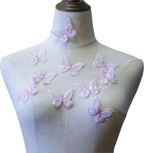 10 x doppellagige Schmetterlings-Patches, Schmetterlings-Applikation, Organza-Stickerei, Nähen für Bastelprojekte, Hellrosa von LT PanDD