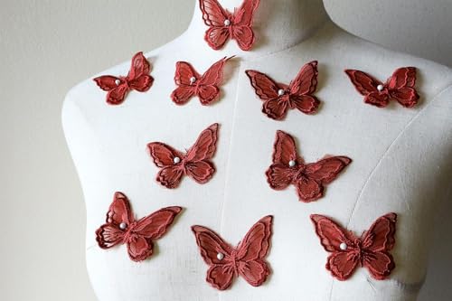 10 x doppellagige Schmetterlings-Patches, Schmetterlings-Applikation, Organza-Stickerei, Nähen für Bastelprojekte (Burgunderrot) von LT PanDD