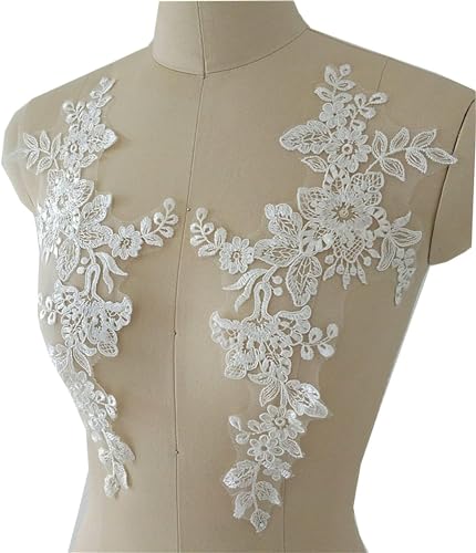 Spiegelpaar Stickerei Blume Blatt Elfenbein Spitze Motiv Schnurapplikation Hochzeitskleid DIY Zubehör Spitze Dekoration von LT PanDD