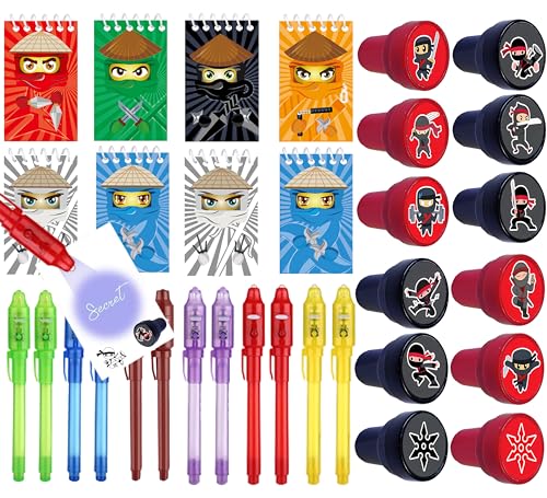 Ninja Mitgebsel Set für Kindergeburtstag 6-10 Jahre,12 UV Stifte 12 Notizbücher 12 Stempel,give aways kindergeburtstag,Gastgeschenke, Pinata Füllung,Ninjaoo Party Geburtstags Deko,Klassenbelohnung von LTHOENG