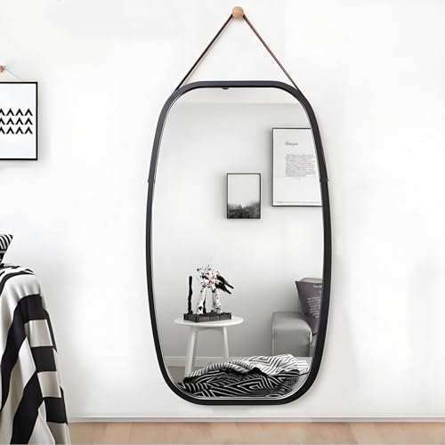 LTSRLL Rechteckiger Wandspiegel Mit Verstellbarem Lederband Und Bambusrahmen, Ganzkörperspiegel Für Wohnzimmer Und Ankleidezimmer(Black,45cmx100cm/18inx39in) von LTSRLL