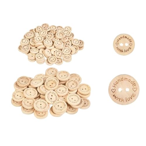Holzknöpfe-Set, 100 Stück natürliche, runde Knöpfe mit 2 Löchern in 2 Größen (15 mm, 20 mm), perfekt für Baby-Strickjacken, Strickprojekte und DIY-Näharbeiten, handgefertigt mit Liebesdekoration. von LTSVBO