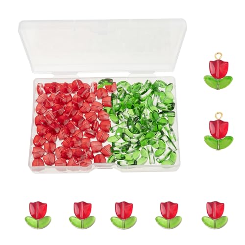 100 Sets (200 Stück) rote Tulpenblumen-Perlen, Kristallglasperlen, lose Perlen für Damen, Schmuckherstellung, DIY, Armband, Halskette, Ohrringe, Handwerk (rot) von LUBINGSHINE