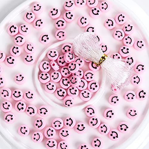 100 Stück Smiley-Perlen aus Acryl in Rosa mit elastischem Seil für DIY-Armband, Bastelarbeiten, Schmuckzubehör, Dekoration (hellrosa) von LUBINGSHINE