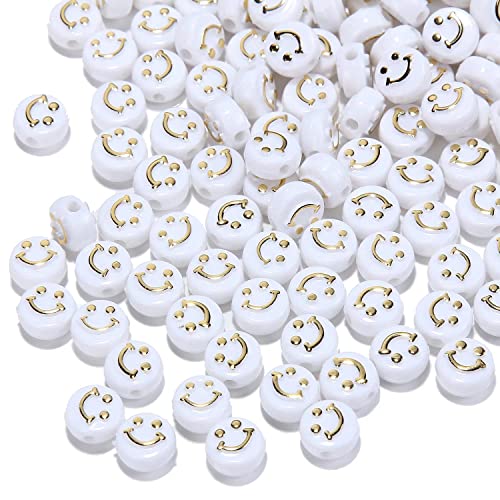 200 Stück weiße goldene Perlen mit lächelndem Gesicht, 10 mm, Acryl, Abstandshalter für selbstgemachten Schmuck, Armband, Bastelbedarf (weißgoldfarben) von LUBINGSHINE