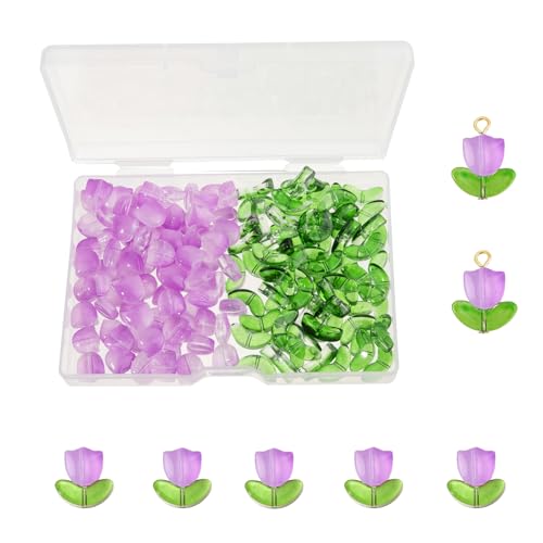 Blumenperlen, 100 Sets (200 Stück), violette Tulpen, Kristallglasperlen, lose Perlen mit Loch für DIY-Schmuckherstellung, Armbänder, Halsketten, Ohrringe, Perlenprojekte (lila) von LUBINGSHINE