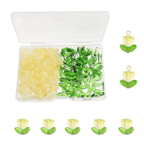 Glasblumen-Perlen zur Schmuckherstellung, gelbe Tulpenblüten, lose Glasperlen für DIY-Perlenprojekte, Armbänder, Halsketten, Ohrringe, Gelb, 100 Sets (200 Stück) von LUBINGSHINE