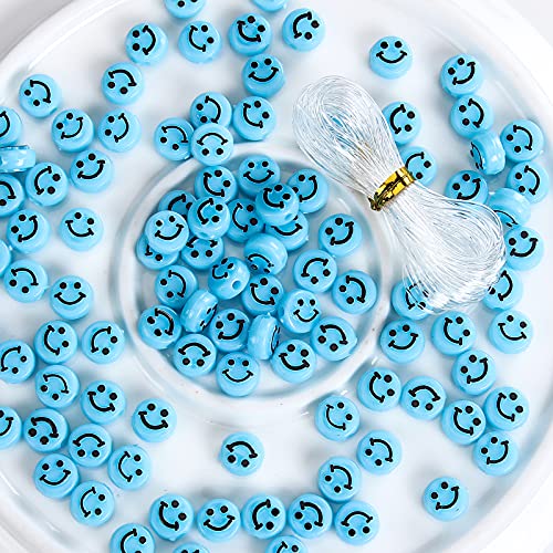 Smiley-Perlen, Acryl, blau, glückliches Gesicht, hellblau, mit langem Seil für DIY-Schmuckherstellung, Zubehör, Bastelbedarf, 100 Stück (hellblau) von LUBINGSHINE