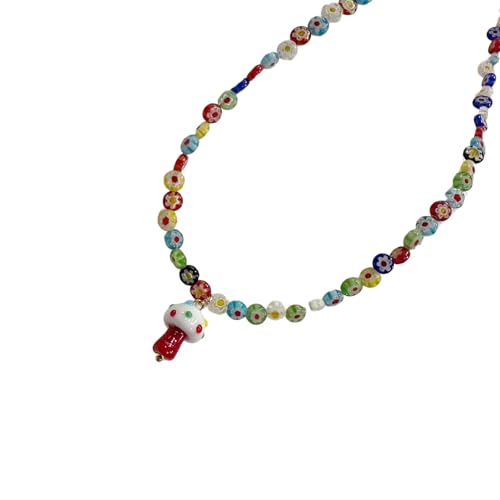 LUCKGONI Perlen-Halskette, bunte Glasperlen-Halskette mit Pilz-Anhänger und floralen Designs, Dekoration für trendige Damen-Outfits von LUCKGONI